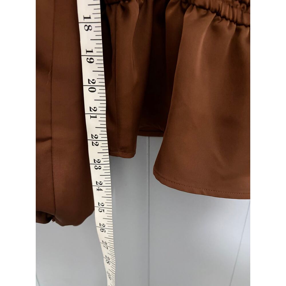 NEW Eloquii Brown Satin Elastic Waist Off the Shoulder Puff Sleeves Top 14 - Picture 8 of 10
